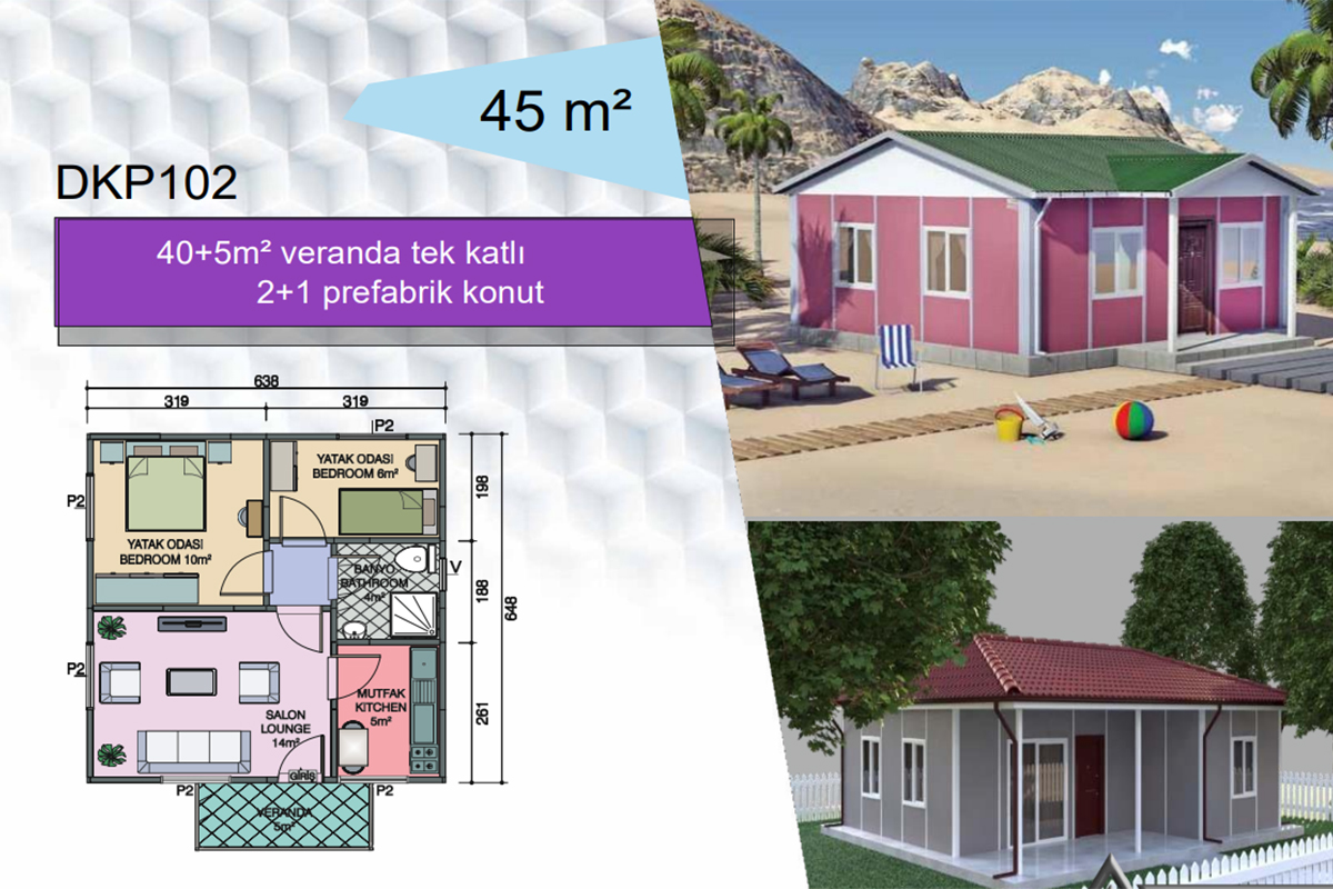Tek katlı prefabrik ev kat planı ve örnek dış görünüm illüstrasyonu, 45 m² 2+1 konut